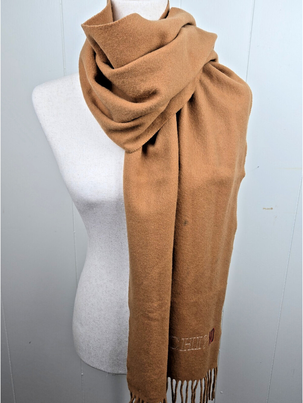 Moschino Milano 100% Wool Scarf Camel Embroidery Fringe 16"